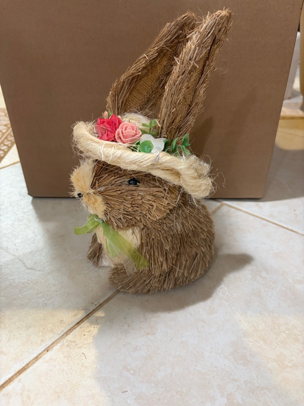 Rustic Straw Bunny Figurine with Floral Hat